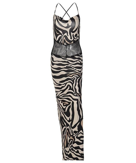 Statement Zebra Print Maxi Dress | Lace Cutout & High Slit for Fall Glam
