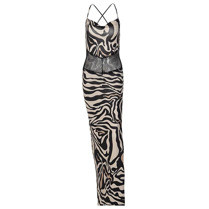 Statement Zebra Print Maxi Dress | Lace Cutout & High Slit for Fall Glam