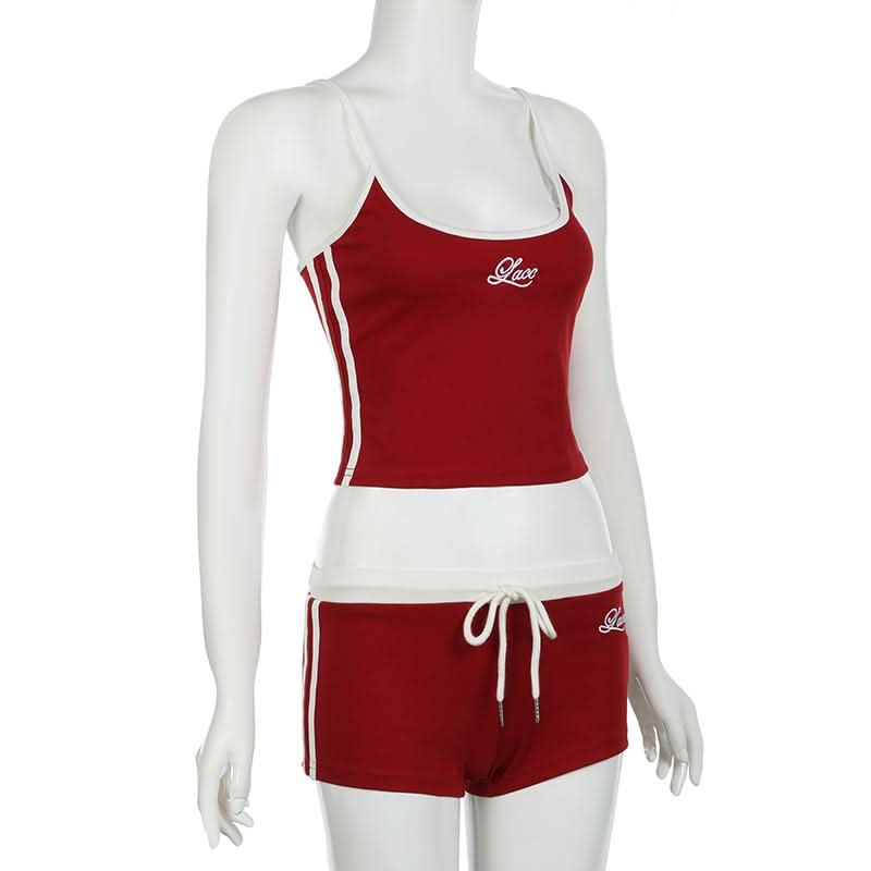 Cozy Chic: Women's Embroidered Red Cami & Shorts Lounge Set