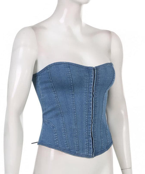 Y2K Edgy Denim Corset Top | Strapless Sweetheart Bustier for Fall Style