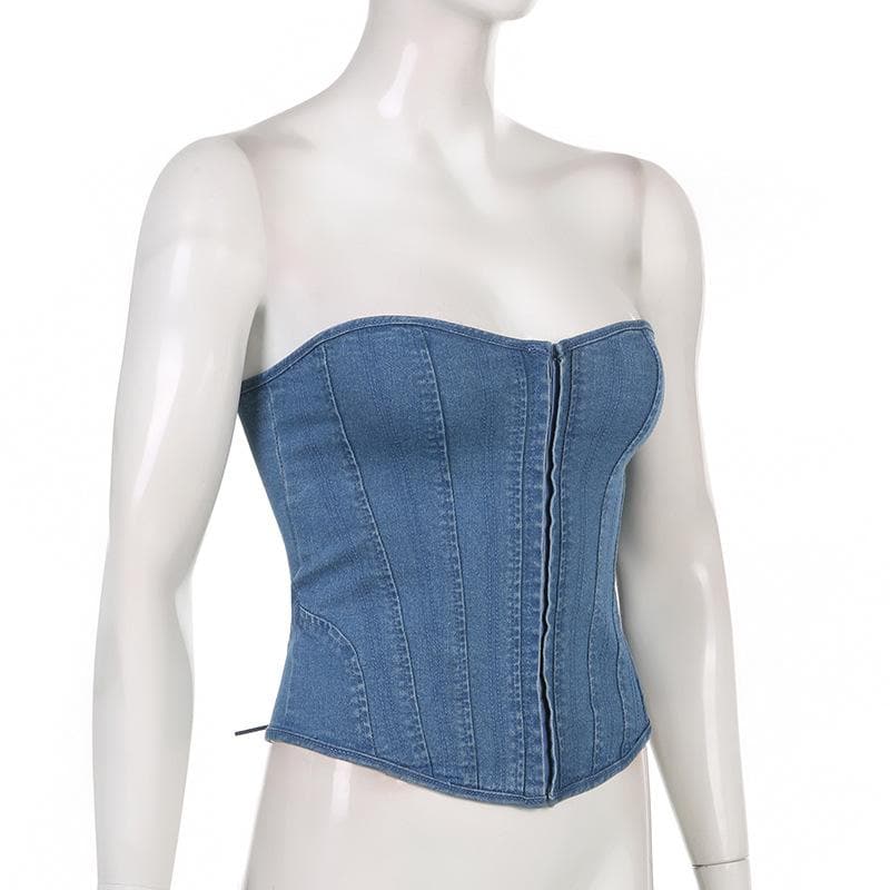 Y2K Edgy Denim Corset Top | Strapless Sweetheart Bustier for Fall Style