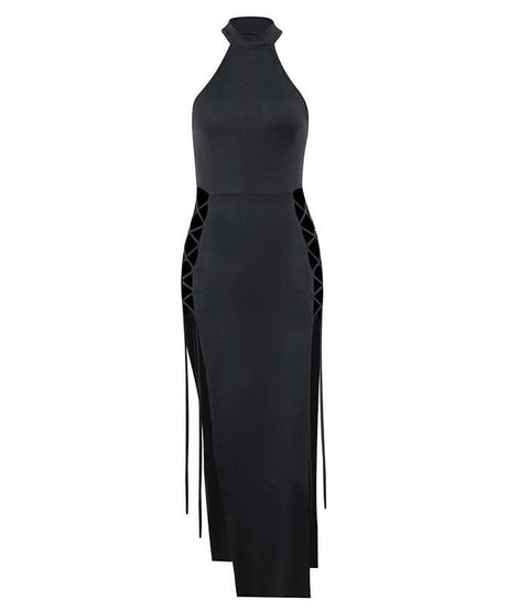 Sultry Black Halter Neck Lace-Up Side Slit Midi Dress - Your Fall & Holiday Party Essential
