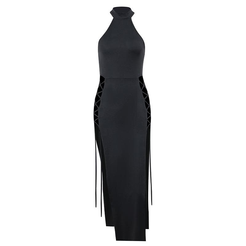 Sultry Black Halter Neck Lace-Up Side Slit Midi Dress - Your Fall & Holiday Party Essential