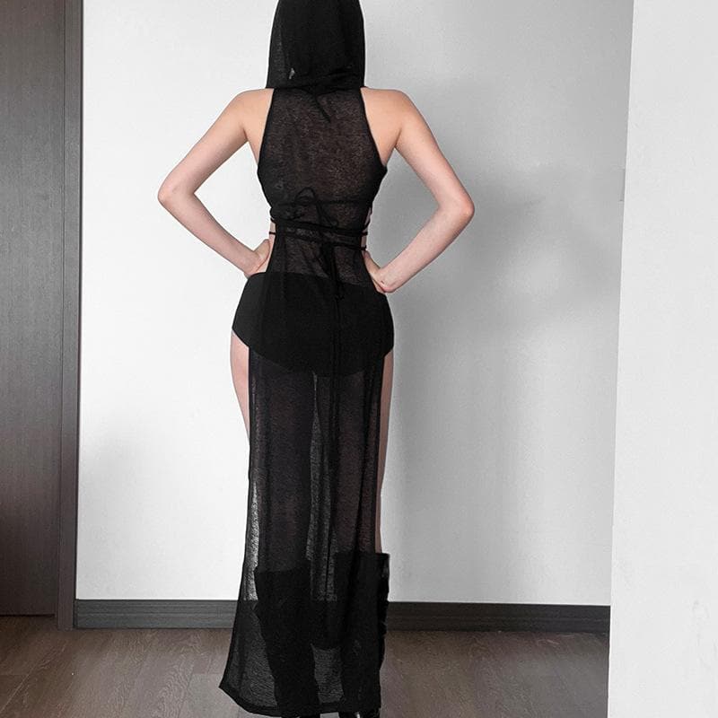 Mystic Vixen Hooded Sheer Maxi Dress – Daring Cutouts & High Slits for Halloween & Club Nights