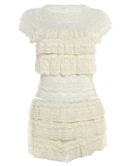 Dreamy Tiered Ruffle Lace Knit Shorts Set - Cozy Resort & Lounge Wear for Women
