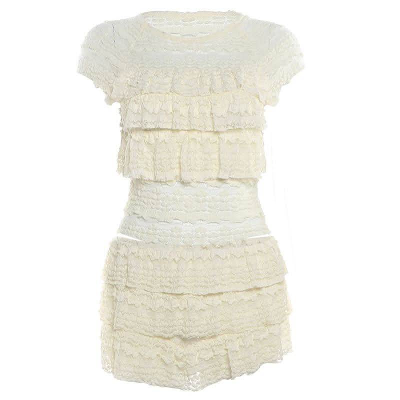 Dreamy Tiered Ruffle Lace Knit Shorts Set - Cozy Resort & Lounge Wear for Women