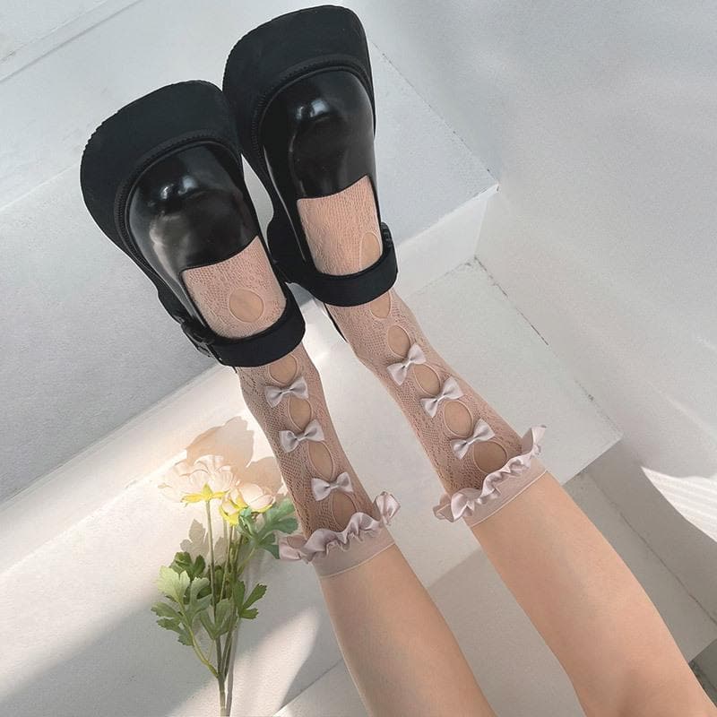 Coquette Charm: Blue Ruffled Bow Sheer Knee-High Socks - Perfect for Fall & Halloween!