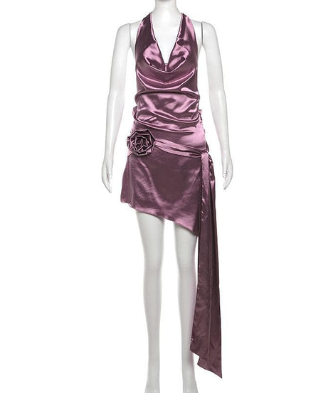 Plum Satin Halter Mini Dress: Cowl Neck Asymmetrical Drape for Fall & Holiday Parties
