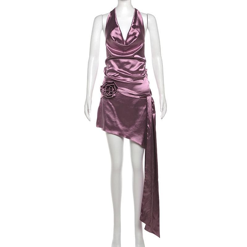 Plum Satin Halter Mini Dress: Cowl Neck Asymmetrical Drape for Fall & Holiday Parties