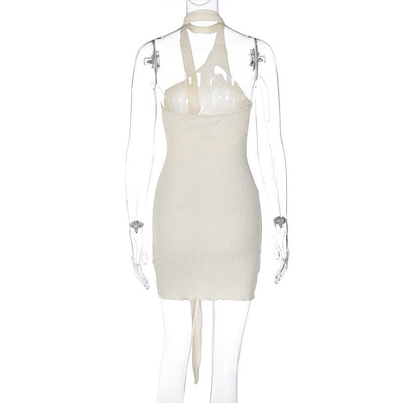 Chic Asymmetrical Ribbed Mini Dress - One-Shoulder Halter for Fall Parties & Holiday Nights