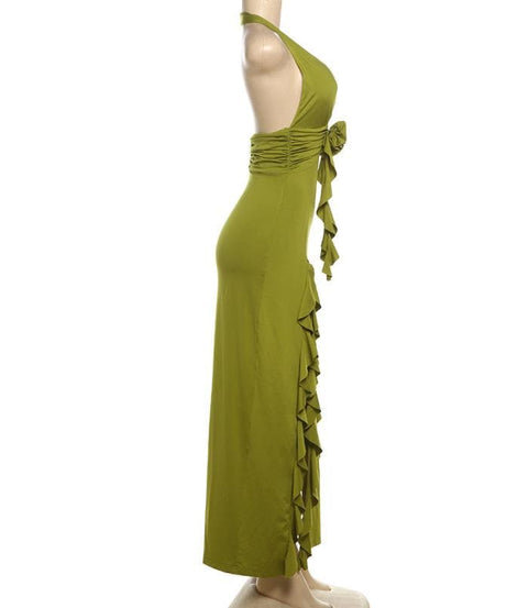 Enchanting Olive Green Halter Maxi Dress with Ruffled High Slits & Rose Applique - Your Fall Event Statement