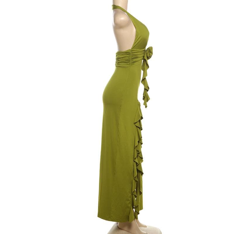 Enchanting Olive Green Halter Maxi Dress with Ruffled High Slits & Rose Applique - Your Fall Event Statement