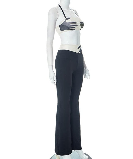 Spooky Chic Statement: Y2K 'Hands On Me' Halter Crop Top & Flare Pant Set - Fall Festival Ready!