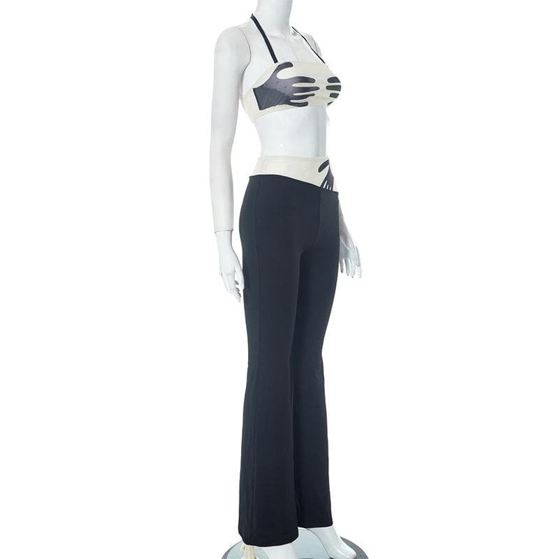 Spooky Chic Statement: Y2K 'Hands On Me' Halter Crop Top & Flare Pant Set - Fall Festival Ready!