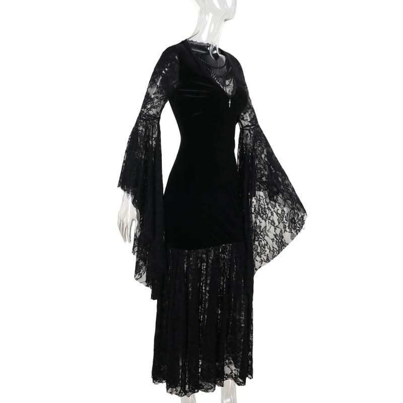 Bewitching Black Velvet & Lace Maxi Dress - Elegant Bell Sleeve Gown for Halloween & Fall Soirees