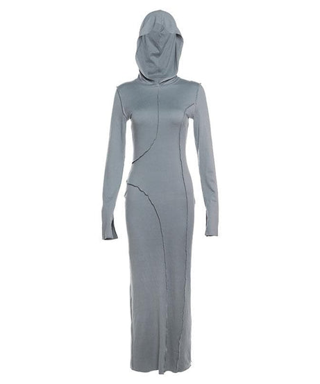 Chic Comfort: Sculptural Seam Hooded Maxi Dress - Fall Bodycon Essential