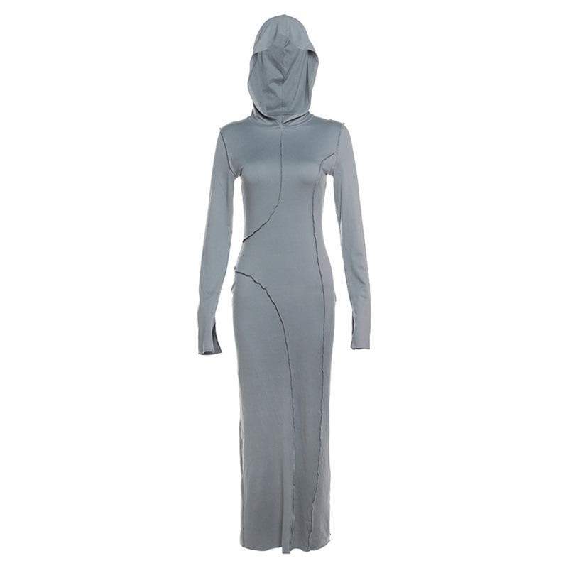 Chic Comfort: Sculptural Seam Hooded Maxi Dress - Fall Bodycon Essential