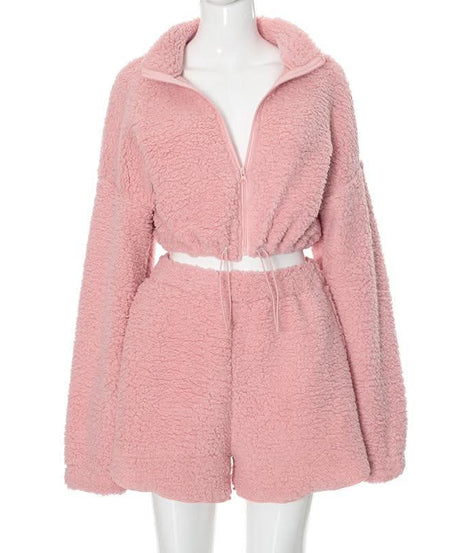 Cozy Chic Pink Sherpa Loungewear Set: Cropped Zip-Up Top & Comfy Shorts for Fall