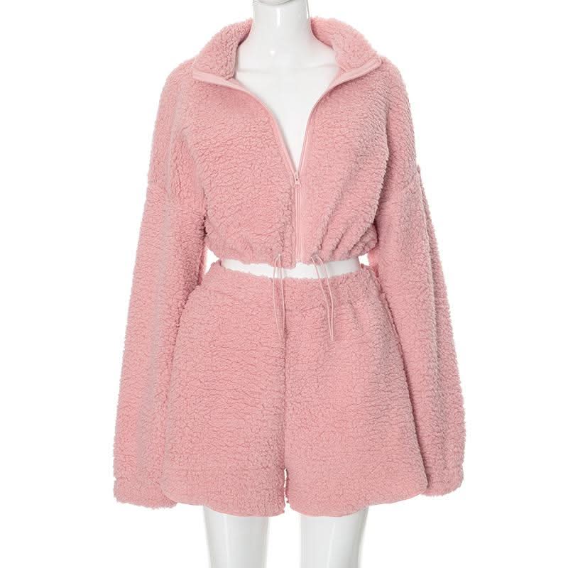 Cozy Chic Pink Sherpa Loungewear Set: Cropped Zip-Up Top & Comfy Shorts for Fall