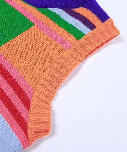Groovy Getaway Knit Set: Vibrant Checkerboard Crop Top & Striped Shorts