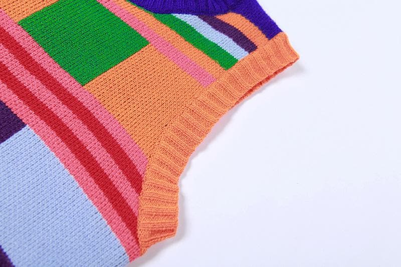 Groovy Getaway Knit Set: Vibrant Checkerboard Crop Top & Striped Shorts
