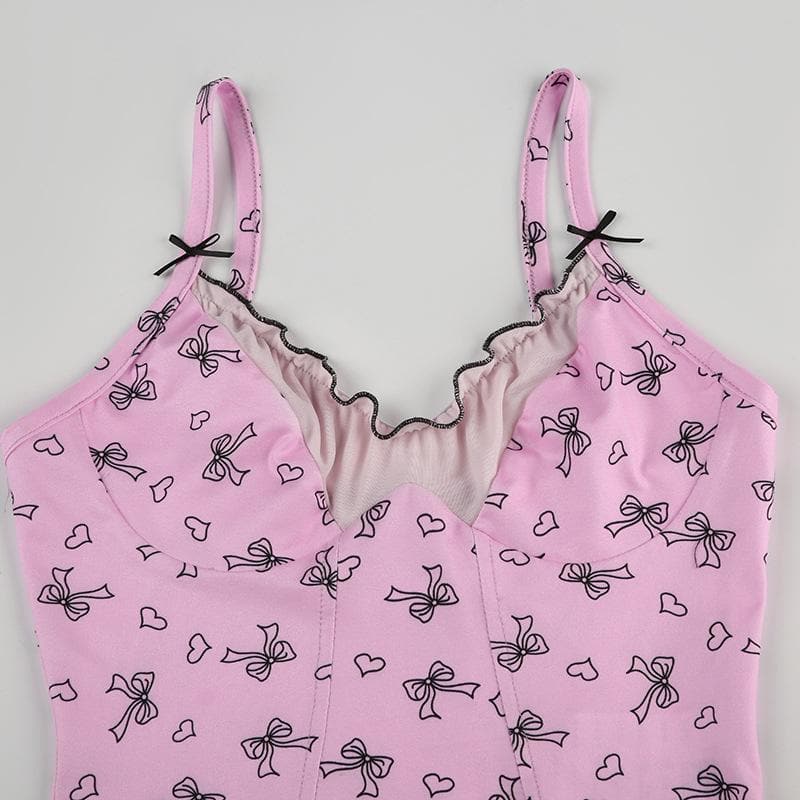 Darling Coquette Pink Bow & Heart Ruffle Bustier Cami Top - Fall Fashion Essential