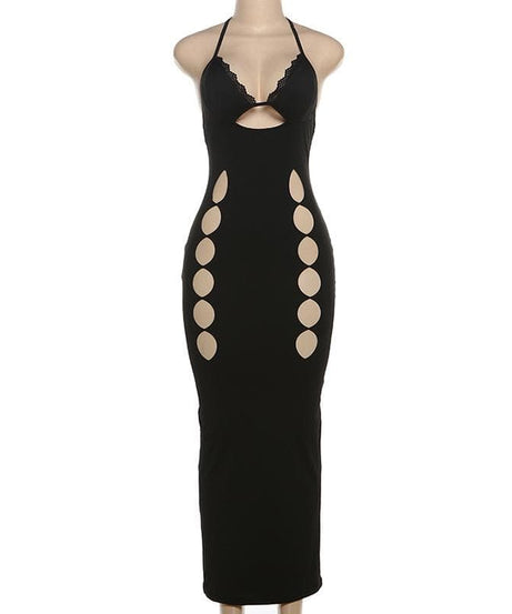 Sultry Black Halter Cut-Out Maxi Dress - Bodycon & Daring for Fall & Holiday Nights