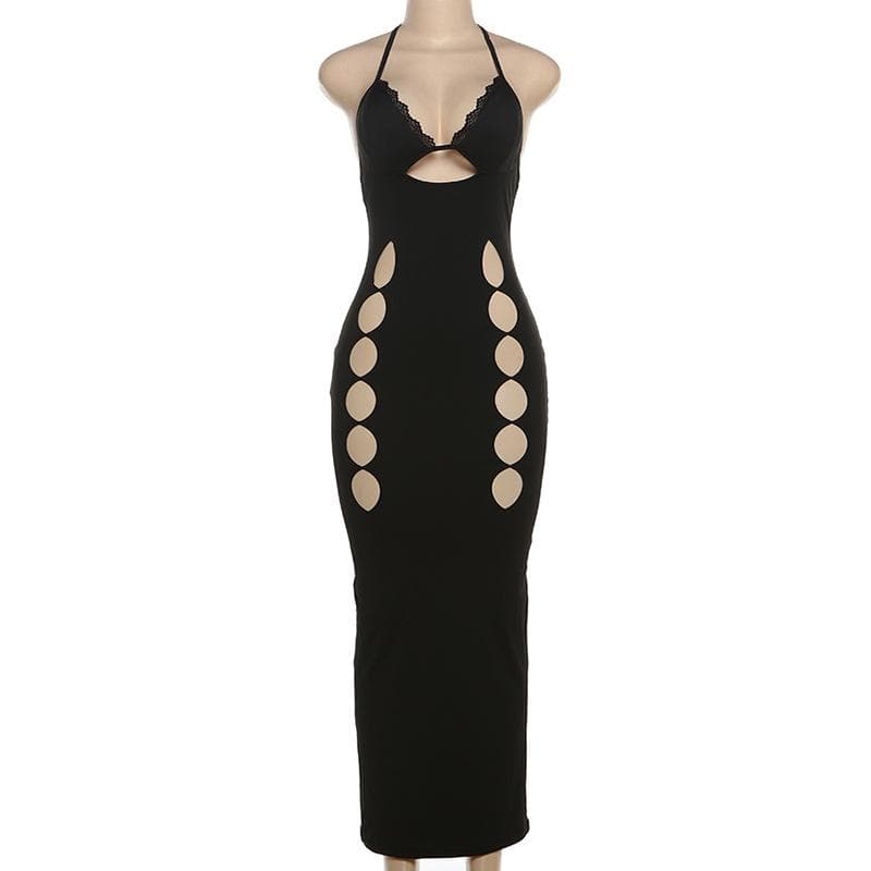 Sultry Black Halter Cut-Out Maxi Dress - Bodycon & Daring for Fall & Holiday Nights
