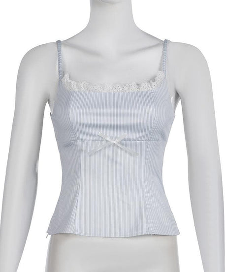 Sweetheart Striped Lace Cami Top with Bow - Perfect Fall Layering & Y2K Chic