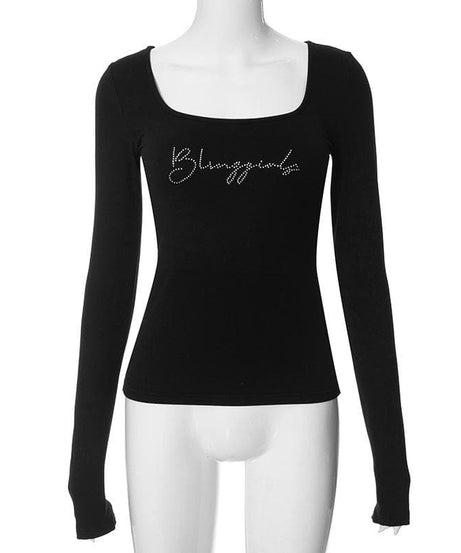 Dazzling Rhinestone Square Neck Long Sleeve Top - Chic Y2K Fall Style