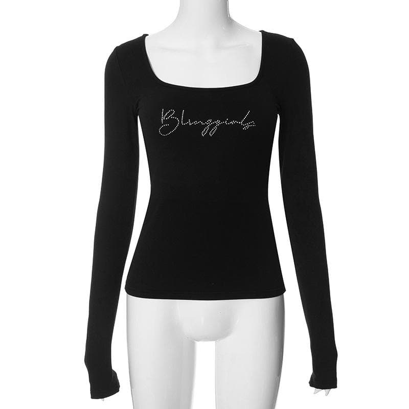 Dazzling Rhinestone Square Neck Long Sleeve Top - Chic Y2K Fall Style
