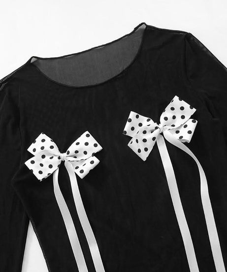 Spooky Chic Polka Dot Bow Mesh Co-ord Set - Daring Halloween & Fall Party Outfit