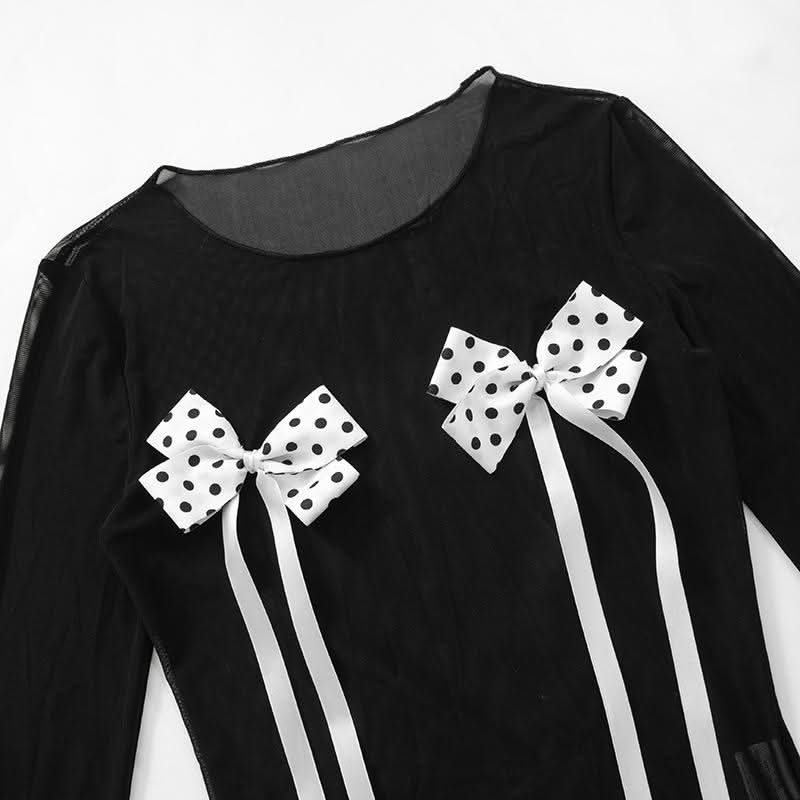 Spooky Chic Polka Dot Bow Mesh Co-ord Set - Daring Halloween & Fall Party Outfit