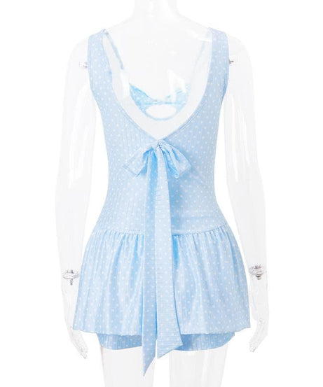 Women's Light Blue Polka Dot Swim Dress with Bowknot Detail & Shorts – Your Fall/Winter Vacation Essential