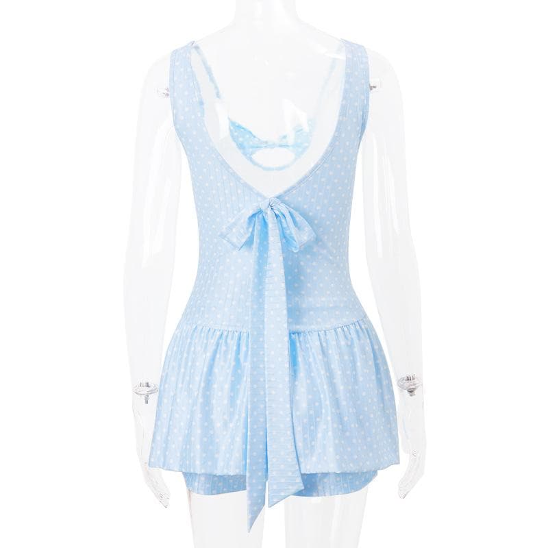 Women's Light Blue Polka Dot Swim Dress with Bowknot Detail & Shorts – Your Fall/Winter Vacation Essential