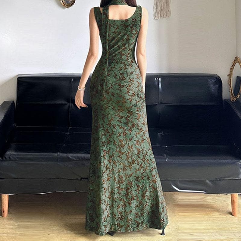 Autumn Bloom Cowl Neck Halter Maxi Dress - Elegant Floral Gown for Fall Soirées