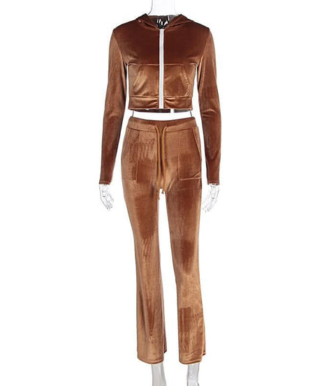 Luxe Fall Velvet Tracksuit Set for Women | Cropped Zip Hoodie & Straight Leg Pants