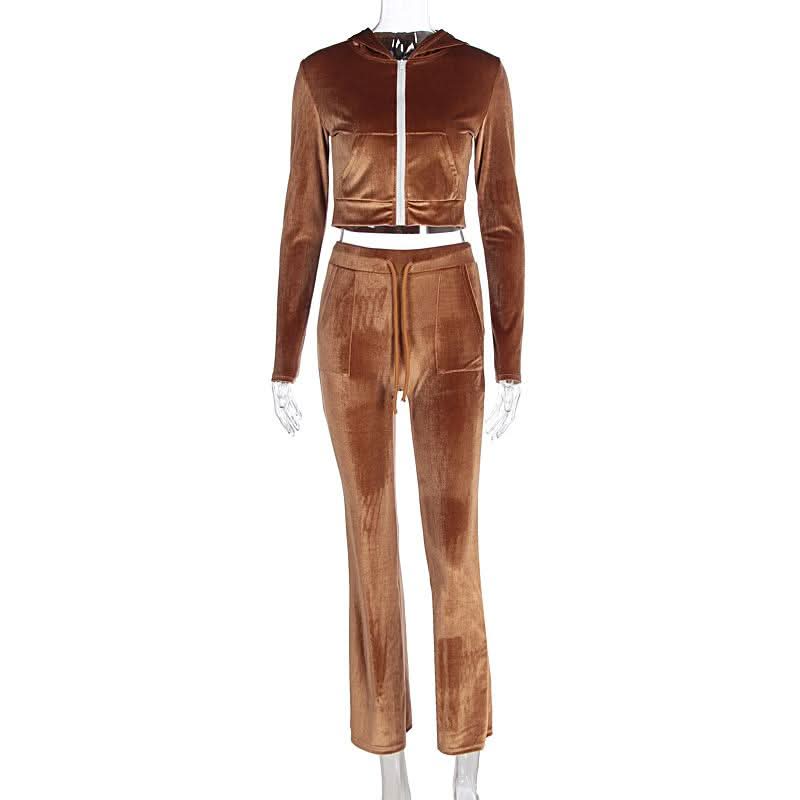 Luxe Fall Velvet Tracksuit Set for Women | Cropped Zip Hoodie & Straight Leg Pants