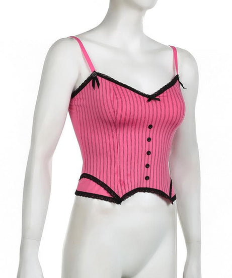 Pink Pinstripe Coquette Cami Top with Lace Trim & Bows - Fall Layering Essential