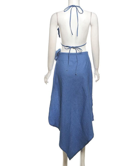 Dusty Blue Floral Halter Top & Asymmetric Midi Skirt Set - Your Chic Vacation & Resort Getaway Essential