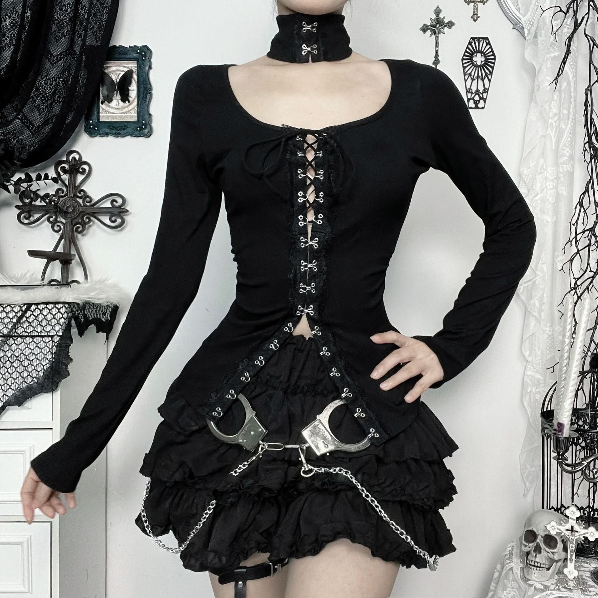 Sultry Black Lace-Up Corset Long Sleeve Top with Choker - Fall & Winter Edgy Chic
