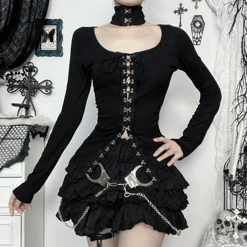 Sultry Black Lace-Up Corset Long Sleeve Top with Choker - Fall & Winter Edgy Chic