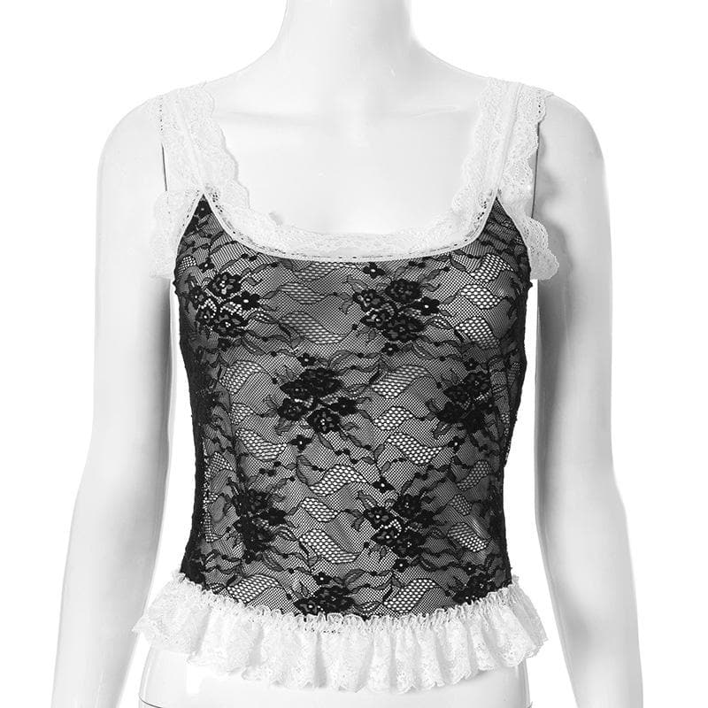 Sultry Black & White Lace Ruffle Cami Top - Fall Flirts & Holiday Glam