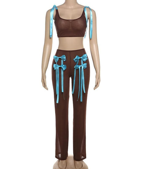 Coquette Dream Sheer Mesh Bow Tie Top & Pants Set | Y2K Fall Fashion