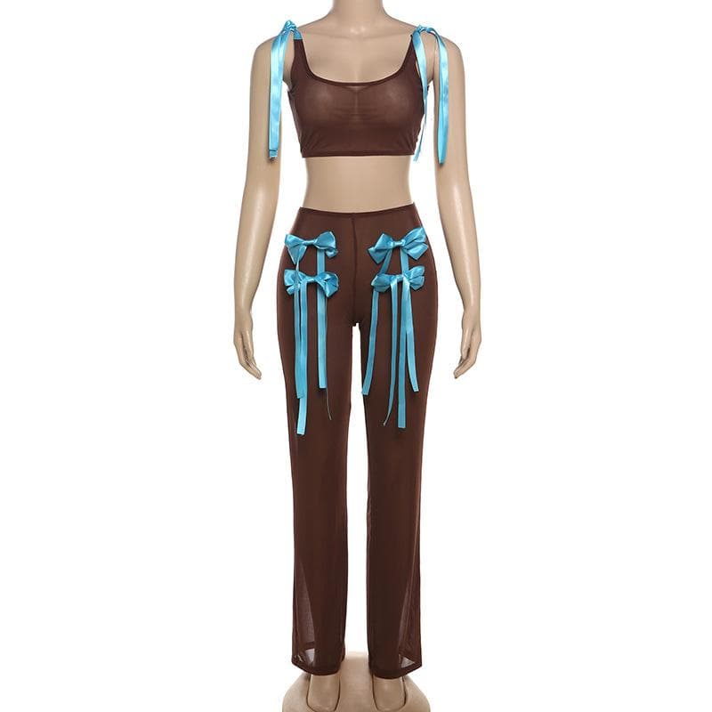 Coquette Dream Sheer Mesh Bow Tie Top & Pants Set | Y2K Fall Fashion