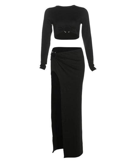 Fall/Holiday Glam: Chic Black Long Sleeve Crop Top & High-Slit Maxi Skirt Two-Piece Set