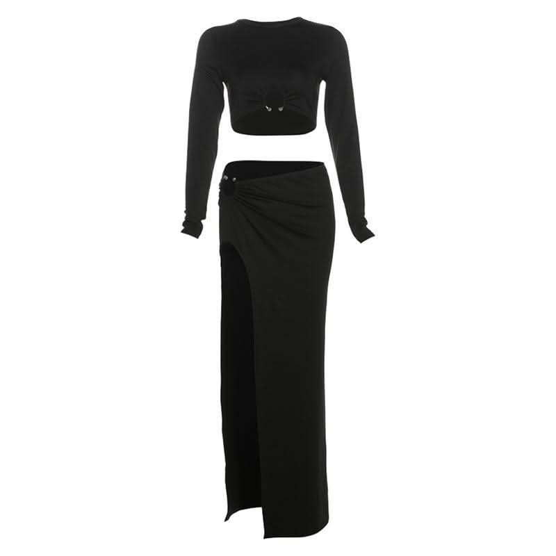 Fall/Holiday Glam: Chic Black Long Sleeve Crop Top & High-Slit Maxi Skirt Two-Piece Set