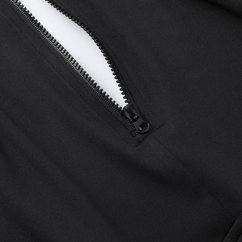 Sleek Black Bodycon Maxi Dress with V-Neck Zipper & High Slit | Backless Fall & Holiday Party Gown