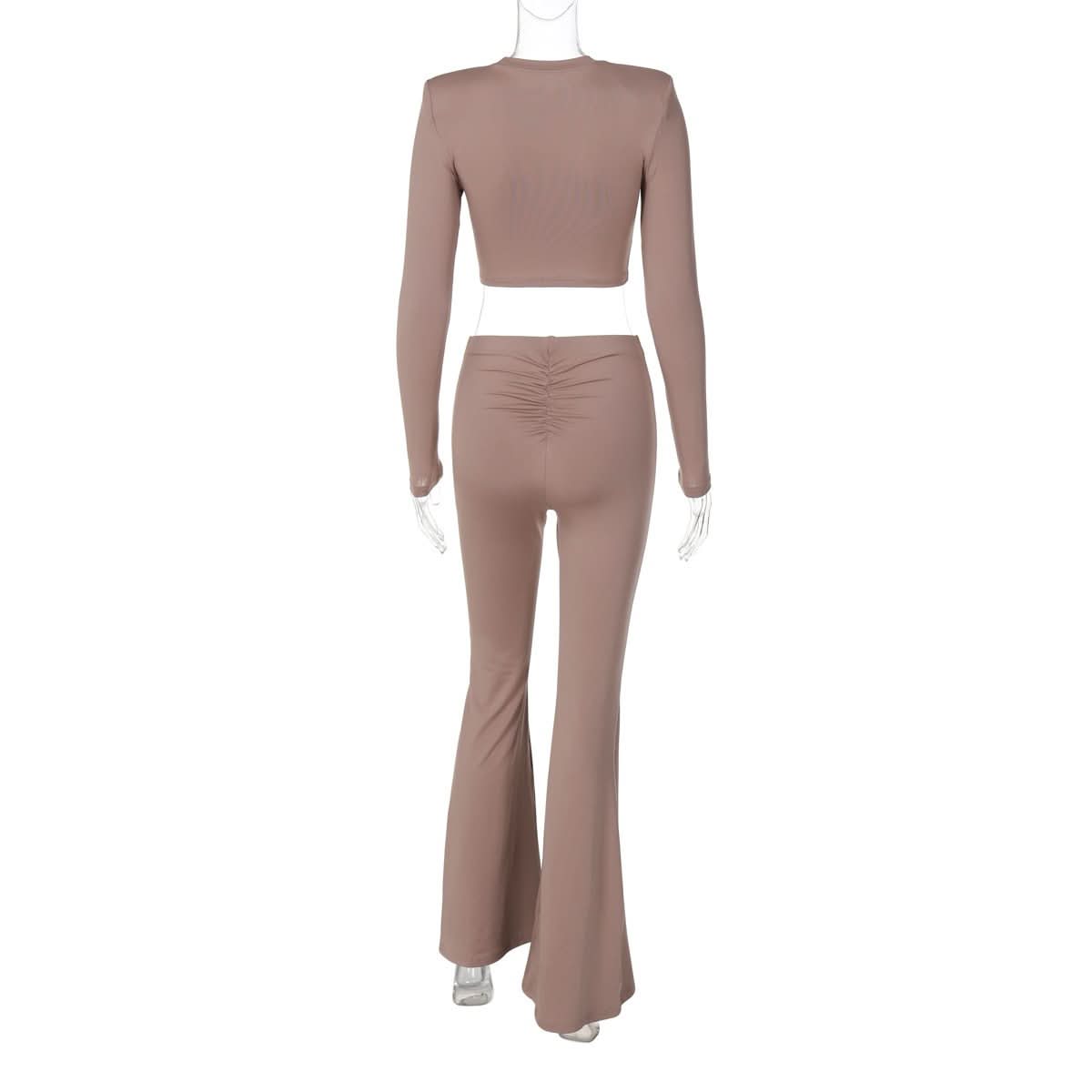 Cozy Fall Chic: Women's Ruched Flare Pant & Long Sleeve Crop Top Set - Mocha Brown Loungewear