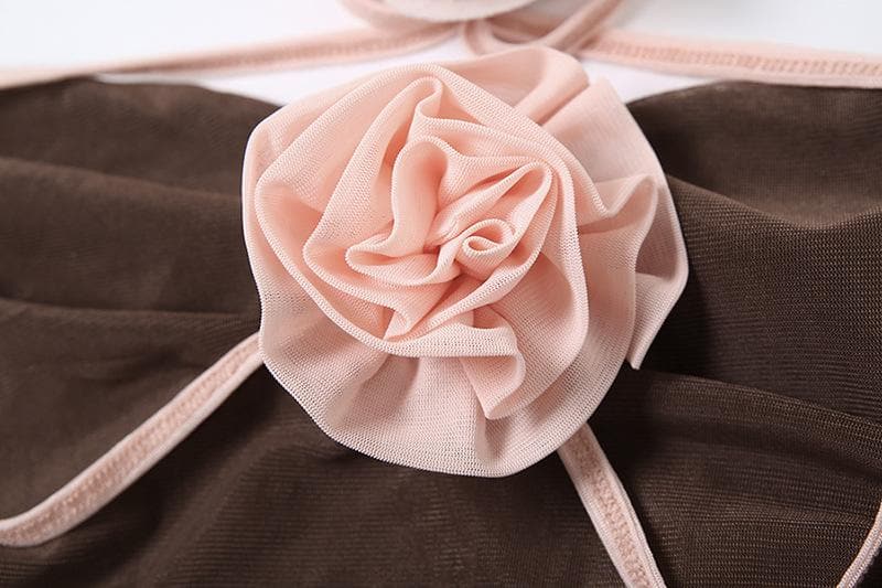 Fall Glamour: Mocha Rose Halter Mini Dress - Ruched Bodycon with Dramatic Ruffled Sashes